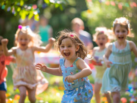 dzieci podczas zabawy urodzinowej w ogrodzie